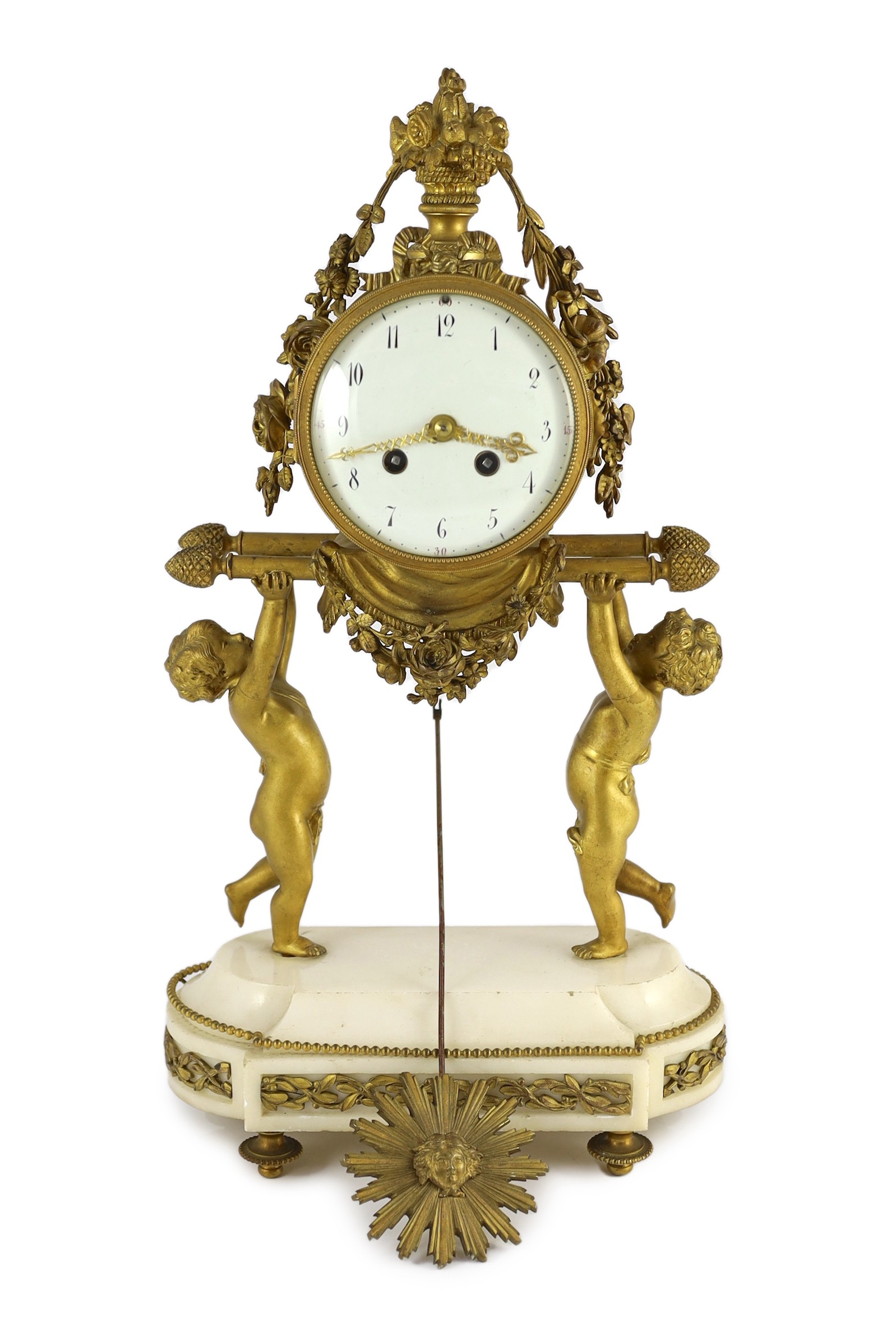 A French Louis XVI style ormolu and white marble mantel clock, 26cm wide, 48cm high